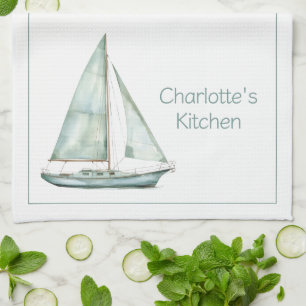 Coastal Blue Watercolor Sailboat Personalised Tea Towel