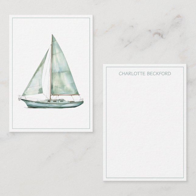 Coastal Blue Watercolor Sailboat Personalized Card (Front/Back)