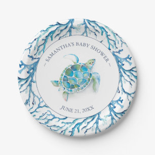 Coastal Blue Watercolor Sea Turtle Boy Baby Shower Paper Plate