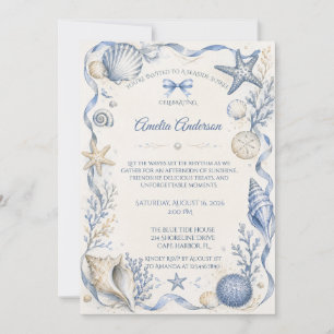 Coastal Blue Watercolor Seashell Birthday Invitation
