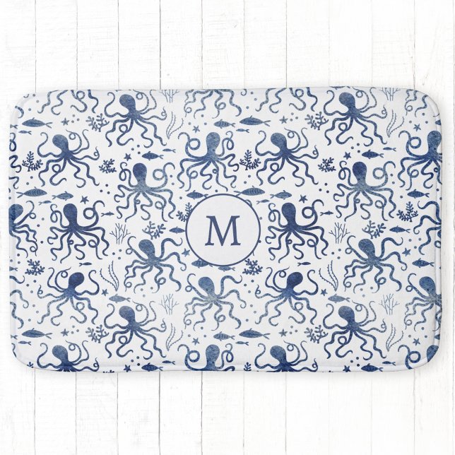 Coastal Blue Watercolor Undersea Octopus Monogram Bath Mat (Monogram initial personalized blue and white nautical coastal watercolor octopus pattern bath mat)