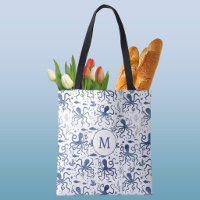 Coastal Blue Watercolor Undersea Octopus Monogram