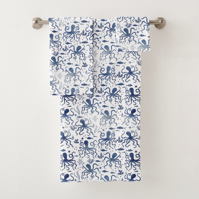 Coastal Blue Watercolor Undersea Octopus Pattern Bath Towel Set (Insitu)