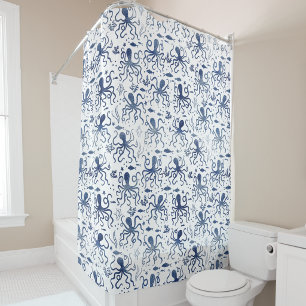 Coastal Blue Watercolor Undersea Octopus Pattern Shower Curtain