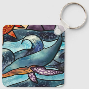Coastal Blue Watercolor Whale  Key Ring