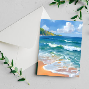 Coastal Blue Waves Ocean Watercolor Painting Card