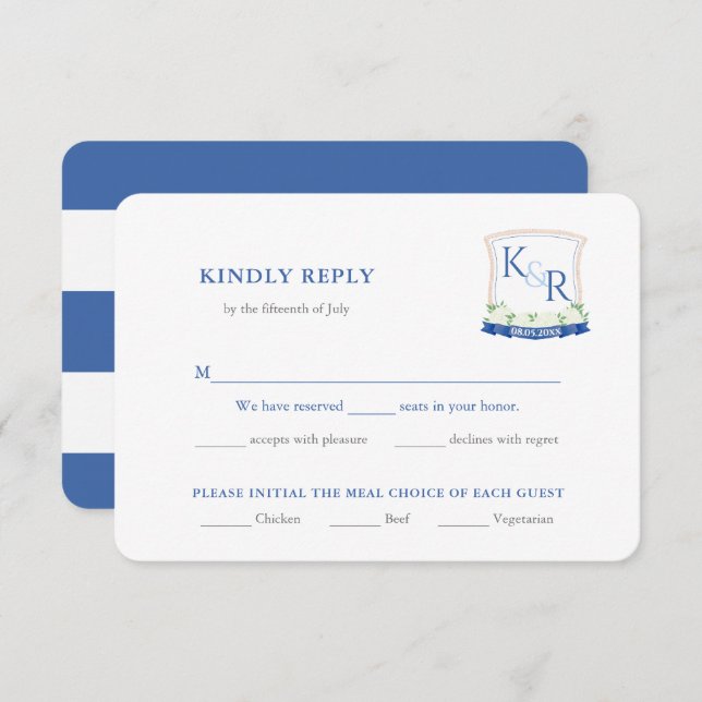 Coastal Blue Wedding Crest Meal Choice RSVP Enclosure Card (Front/Back)