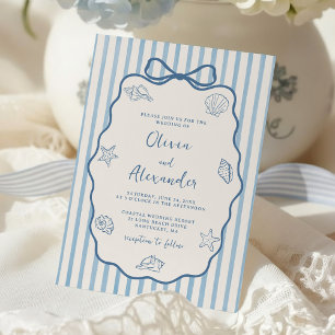 Coastal Blue Whimsical Stripe Hand Drawn Wedding Invitation
