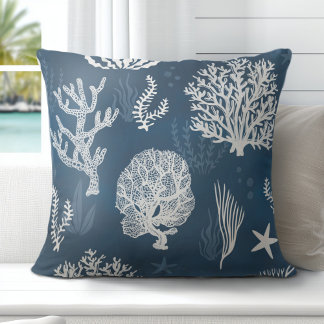Coastal Blue White Coral Throw Pillow