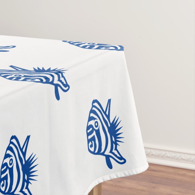 Coastal blue white fish pattern modern summer fun tablecloth (In Situ)