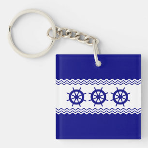Coastal Blue White Helm Stripe Nautical Key Ring