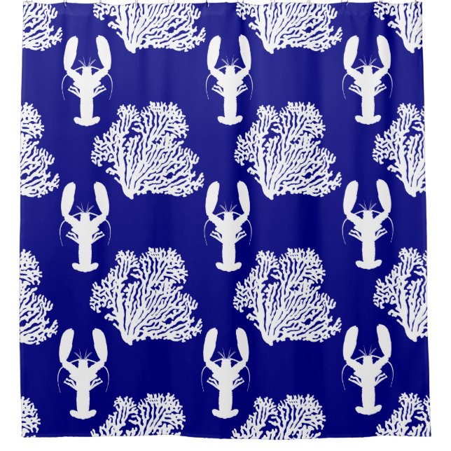 Coastal Blue White Lobster Pattern Shower Curtain (Front)