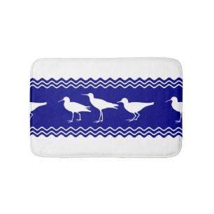 Coastal Blue White Sandpiper Birds Pattern Bath Mat