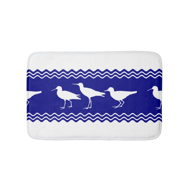 Coastal Blue White Sandpiper Birds Pattern Bath Mat (Front)