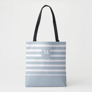 Coastal Blue White Striped Beach Monogram Tote Bag