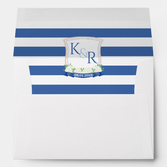 Coastal Blue White Stripes Wedding Monogram Lined Envelope (Back (Bottom))