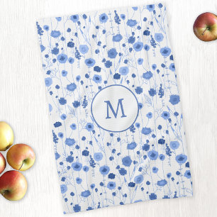 Coastal Blue White Wildflower Art Monogram Tea Towel