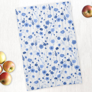 Coastal Blue White Wildflower Meadow Floral Art Tea Towel