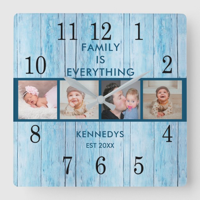 Coastal Blue Wood 4 Photo Collage Family Quote Square Wall Clock (Front)