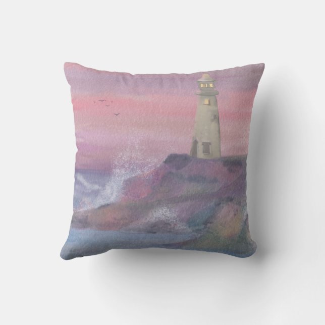 Coastal Bluff Lighthouse With Pink Sky Cushion (Back)
