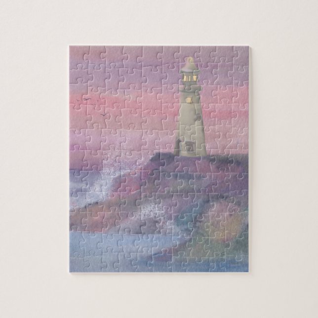 Coastal Bluff Lighthouse With Pink Sky Jigsaw Puzzle (Vertical)