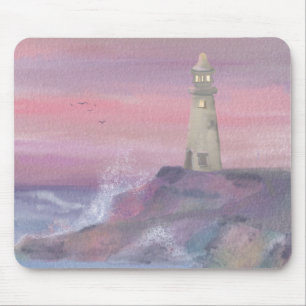 Coastal Bluff Lighthouse With Pink Sky Mouse Mat