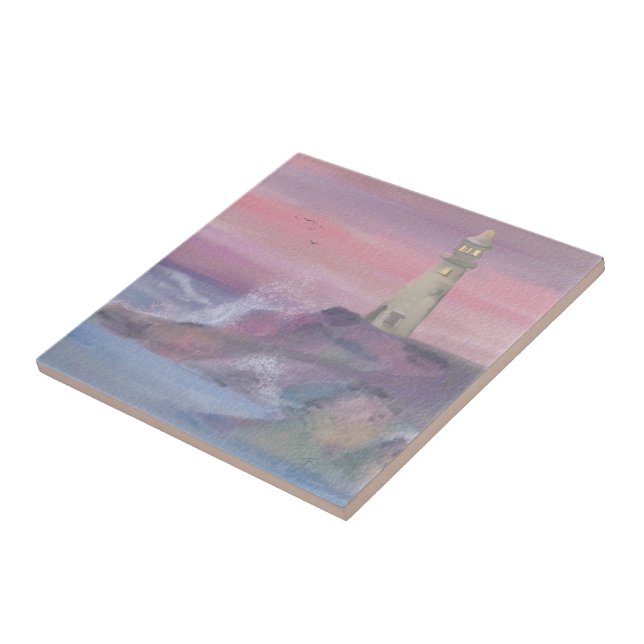 Coastal Bluff Lighthouse With Pink Sky Tile (Side)