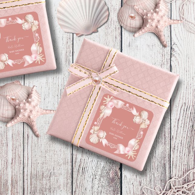 Coastal Blush pink pearl thank you Baby Shower Square Sticker (Creator Uploaded)