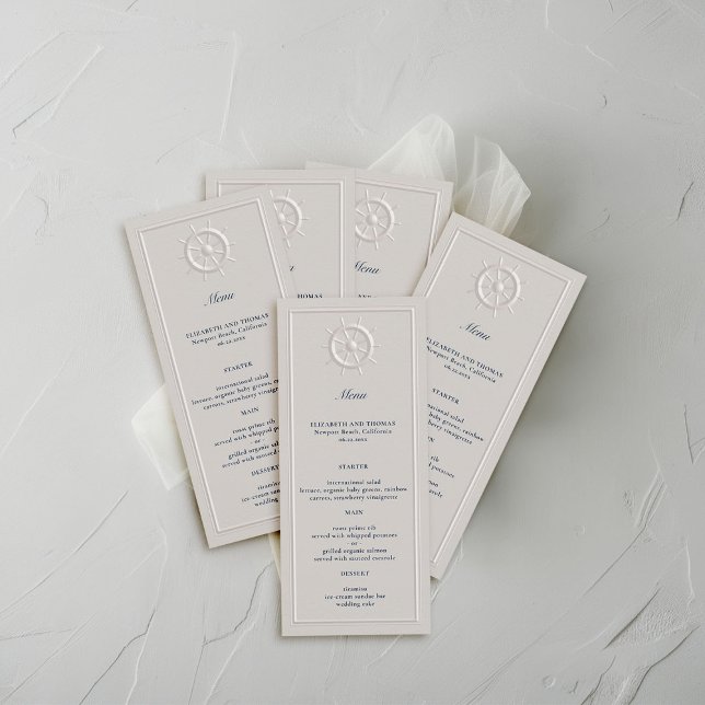 Coastal Boat Wheel Faux Embossed Formal Wedding Menu (coastal wedding menu card faux embossed boat helm double frame modern classic navy ivory elegant)