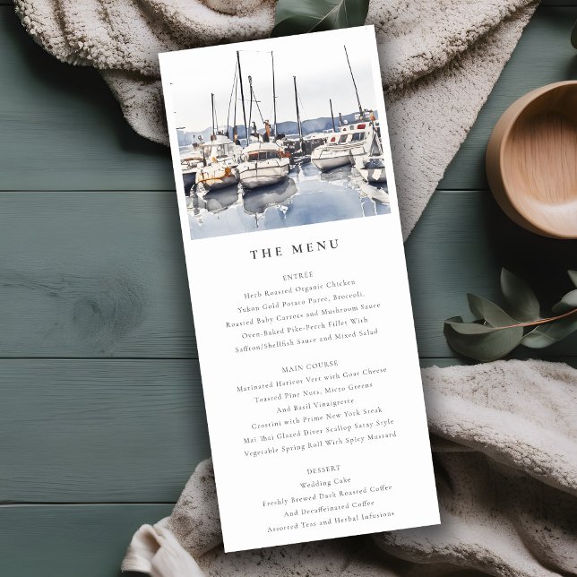 Coastal Boats at Harbour Seascape Wedding Menu Car Invitation (Creator Uploaded)