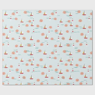 Coastal Boats Shells and Lighthouses Pattern Wrapping Paper