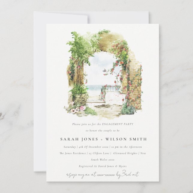 Coastal Botanical Arch Beach Seascape Engagement Invitation (Front)