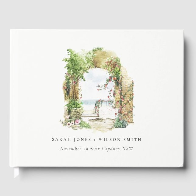 Coastal Botanical Arch Sand Beach Seascape Wedding Guest Book (Front)