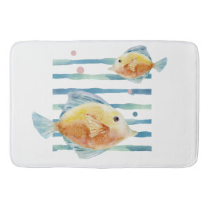 COASTAL BRIGHT WATERCOLOR TROPICAL FISH, BEACH BATH MAT