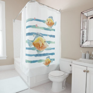 COASTAL BRIGHT WATERCOLOR TROPICAL FISH,  BEACH  SHOWER CURTAIN