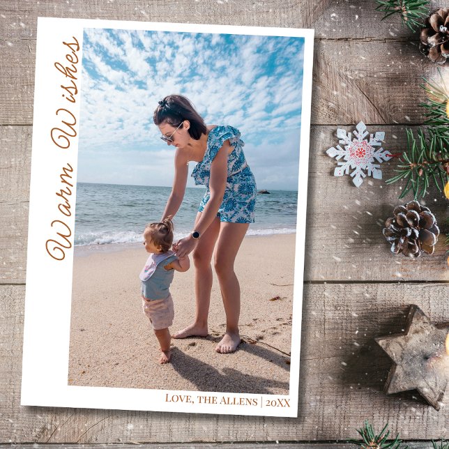 Coastal Brown Warm Wishes Two Beach Family Photo  Holiday Card (Creator Uploaded)