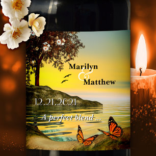 Coastal Butterfly Romantic Art Wedding  Wine Label