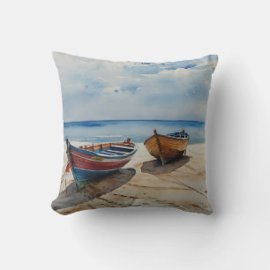 "Coastal Calm" A Restful Watercolour Boat Seascape Cushion