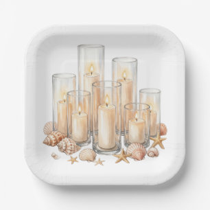 Coastal Candle Seashell Watercolor Paper Plate
