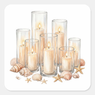Coastal Candle Seashell Watercolor Square Sticker