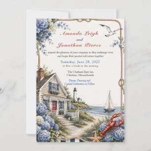 Coastal Cape Cod Hydrangea Cottage Wedding Invitation