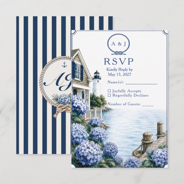 Coastal Cape Cod Hydrangea Cottage Wedding RSVP Card (Front/Back)