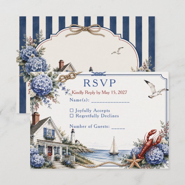 Coastal Cape Cod Hydrangea Cottage Wedding RSVP Card (Front/Back)