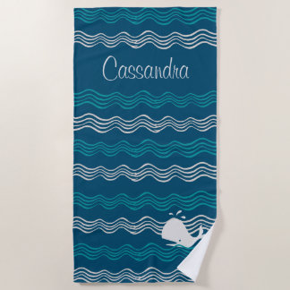 Coastal Cartoon Whale Ocean Blue and waves Beach Towel