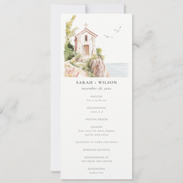 Coastal Catholic Church Watercolor Wedding Program Invitation (Front)