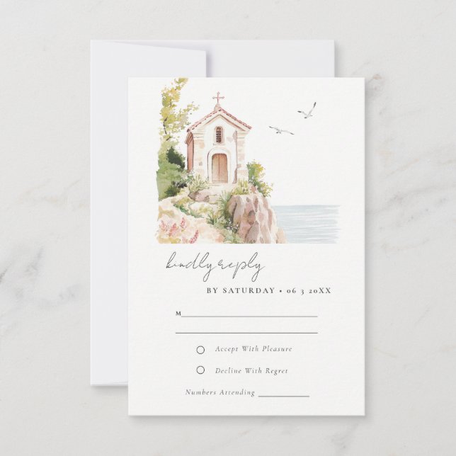 Coastal Catholic Watercolor Church Wedding RSVP Card (Front)
