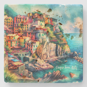Coastal Charm Cinque Terre Italy Watercolor Stone Coaster