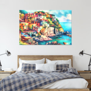 Coastal Charm Italy Cinque Terre Watercolor   Canvas Print