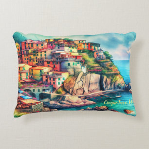 Coastal Charm Italy Cinque Terre Watercolor Decorative Cushion