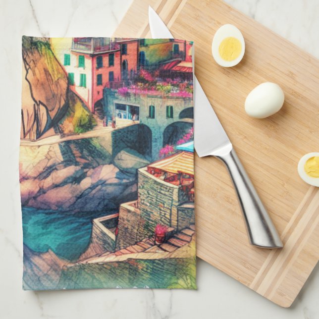 Coastal Charm Italy Cinque Terre Watercolor | Tea Towel (Quarter Fold)